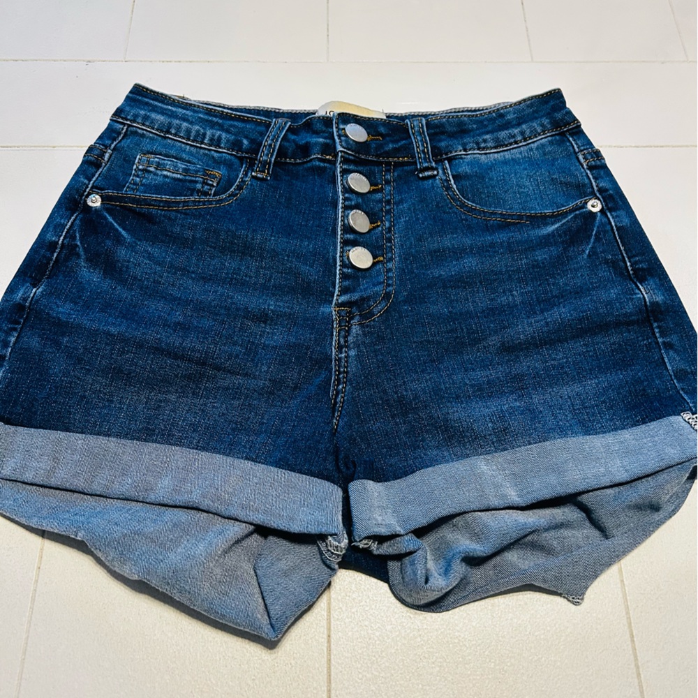 Stylish Blue Denim Shorts 4 Button High Waisted